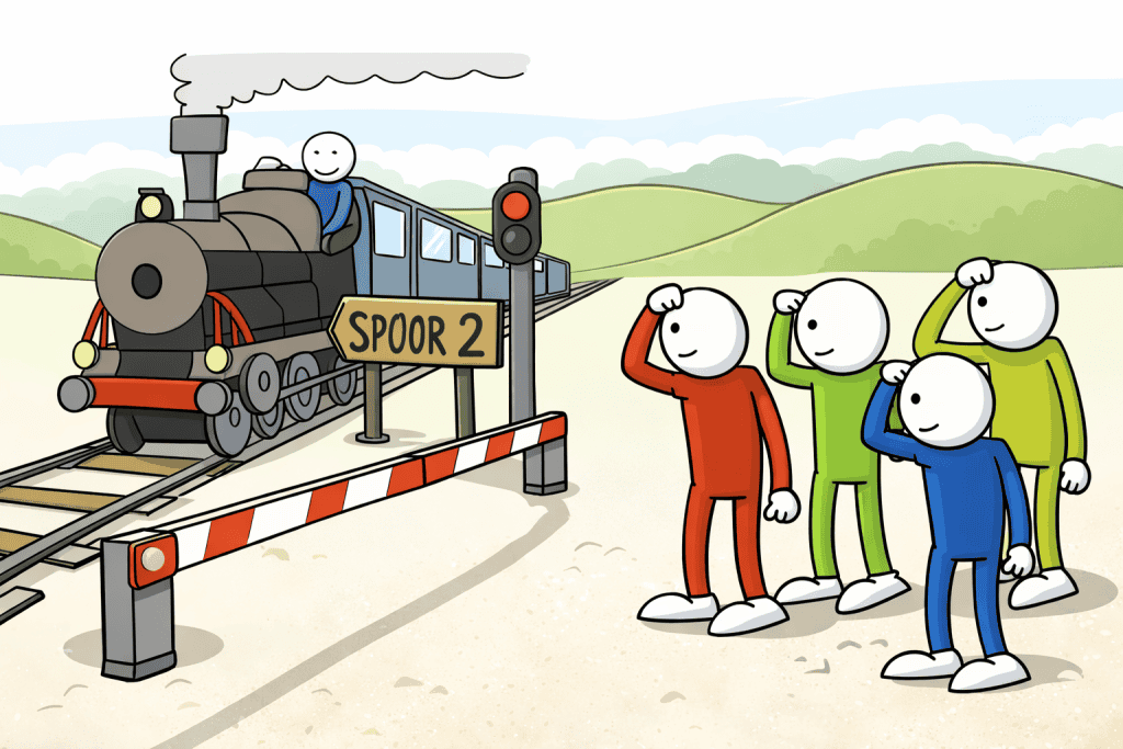 Illustratie van werknemers bij spoorwegovergang als metafoor voor start van een spoor 2 re-integratietraject