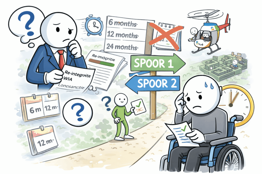 Tweede spoor re-integratie illustratie met medewerkers die via verschillende routes worden begeleid naar werk bij een andere werkgever