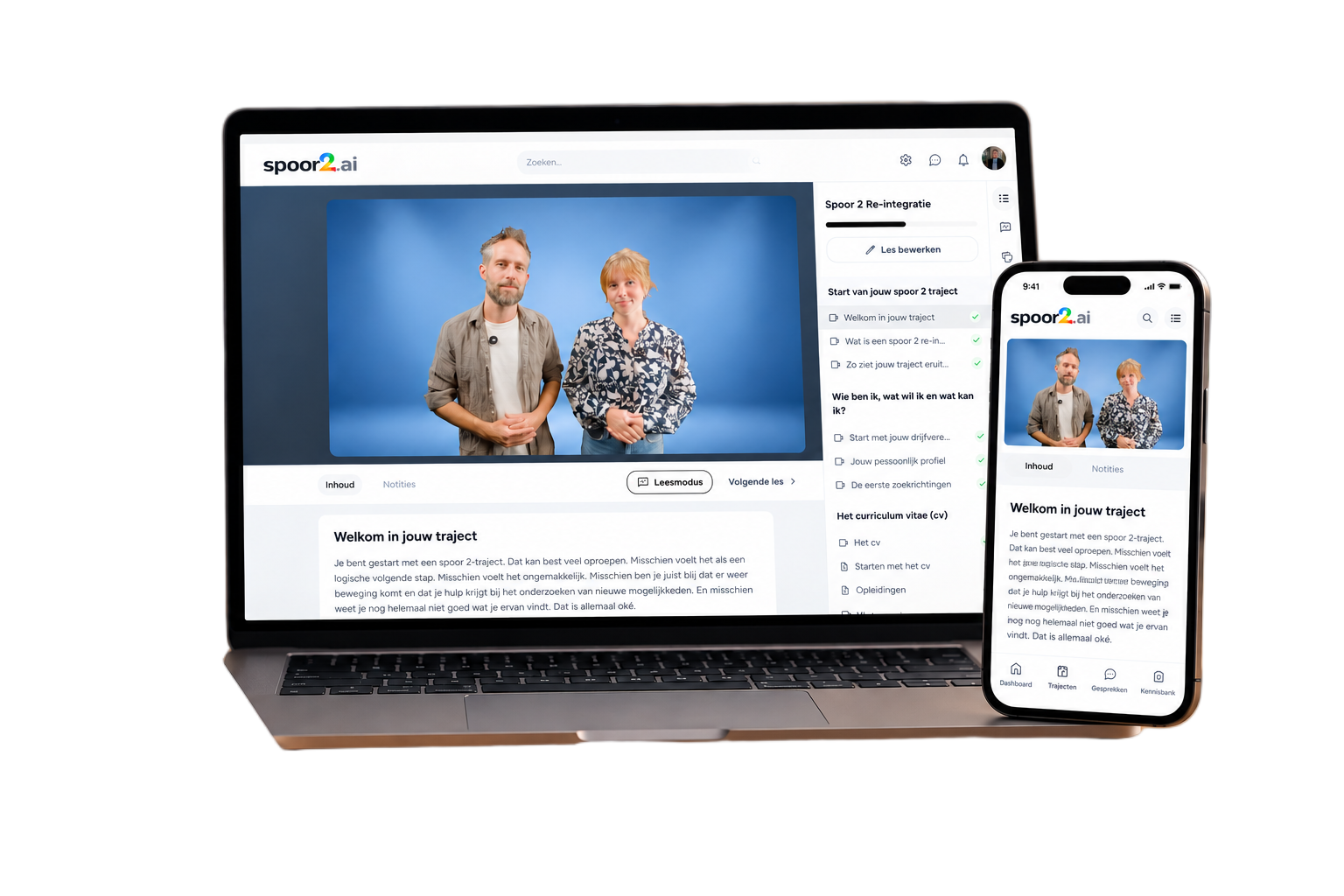 Spoor2.ai leeromgeving met opdrachten en videobegeleiding op laptop en mobiel
